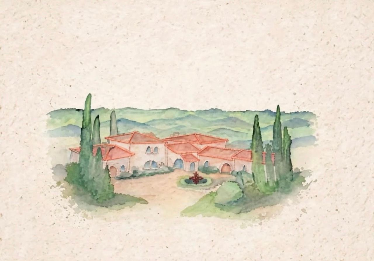 Ilustração em aquarela da Casa Olivetto, espaço do casamento